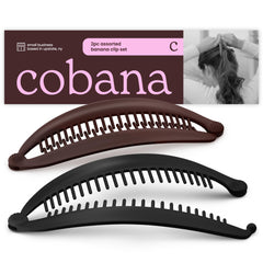 Cobana clip front view showing black and brown set and easy styling benefit