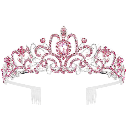 COCIDE front view of pink tiara set showing five crowns and combs for matching looks