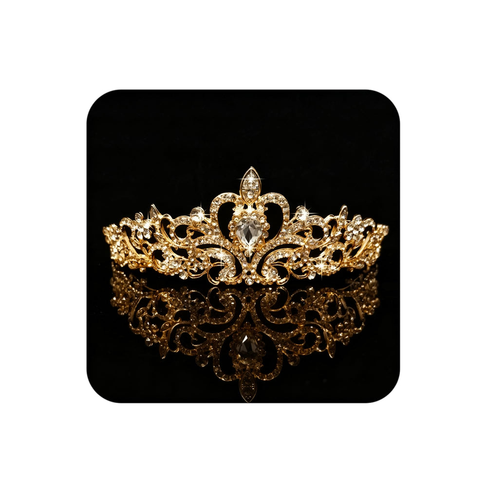 COCIDE gold tiara front view showing elegant rhinestone sparkle and bridal polish