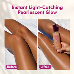 Coco & Eve shimmer applied on arm demonstrating instant bronzy radiance