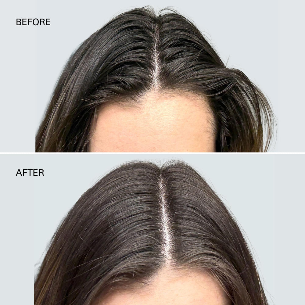 COLOR WOW before-and-after hair showing reduced oil and shine