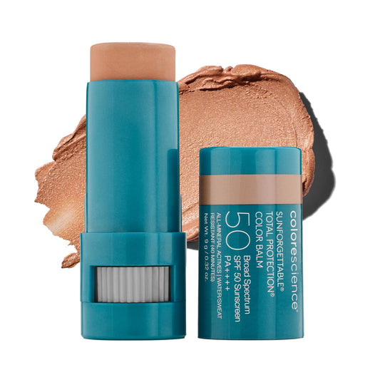 Colorescience front packaging showing SPF 50 and shade, protects and colors