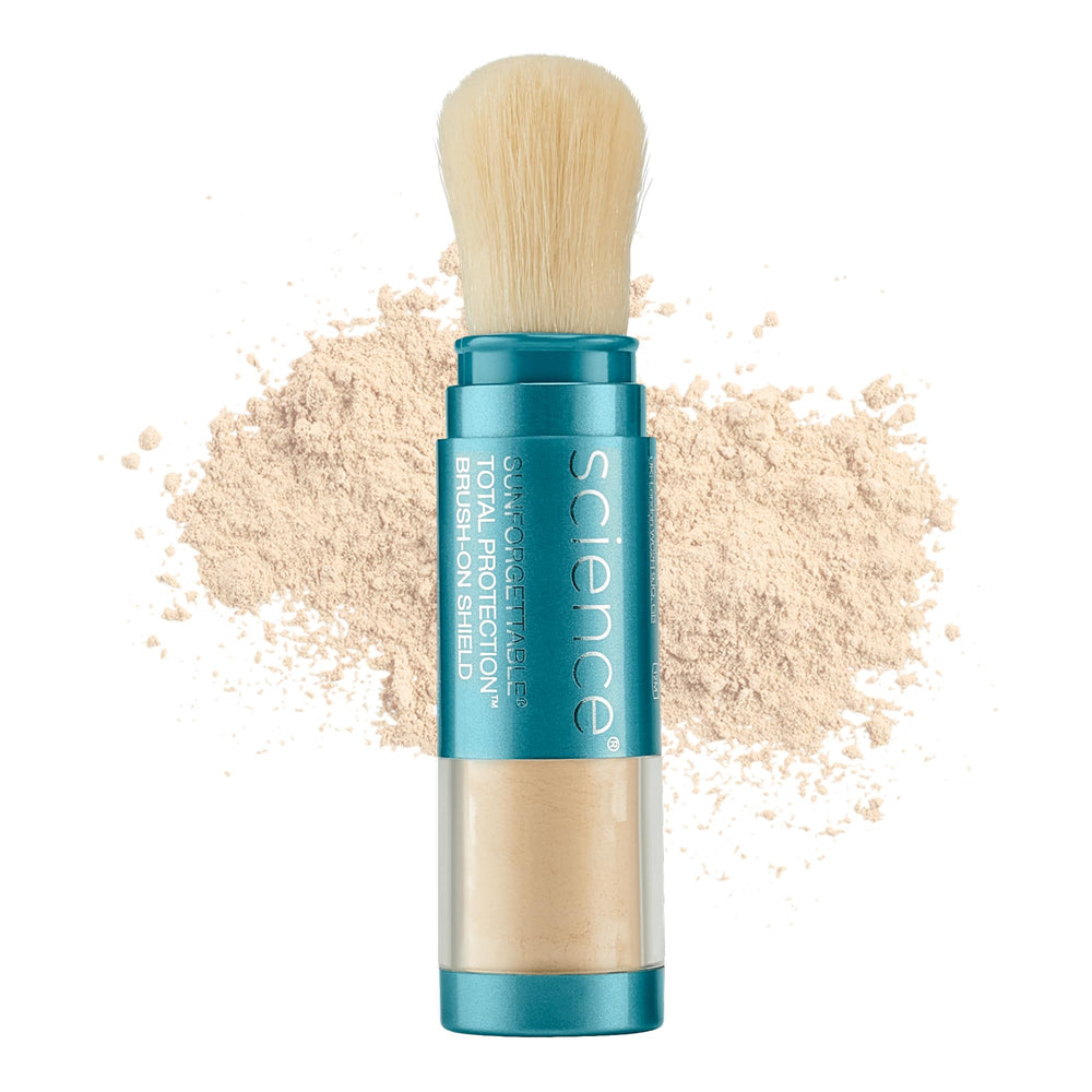 Colorescience brush-on front packaging showing SPF50 protection and travel-ready design