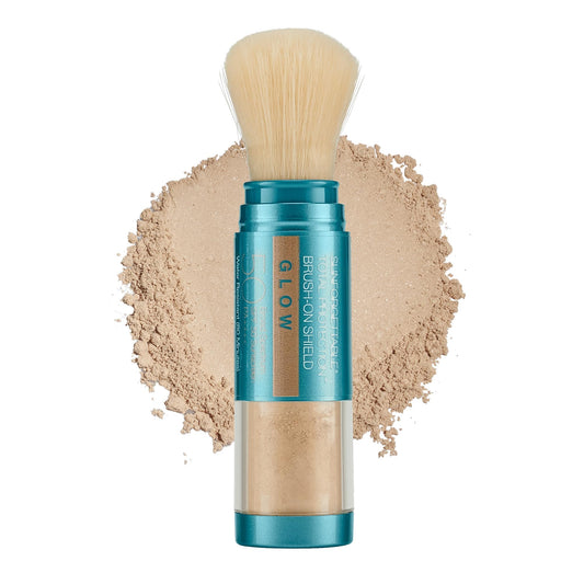 Colorescience brush-on shield front packaging showing SPF 50 and glow benefits