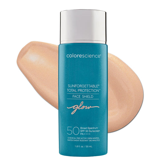 Colorescience face shield front packaging showing SPF and glow benefits
