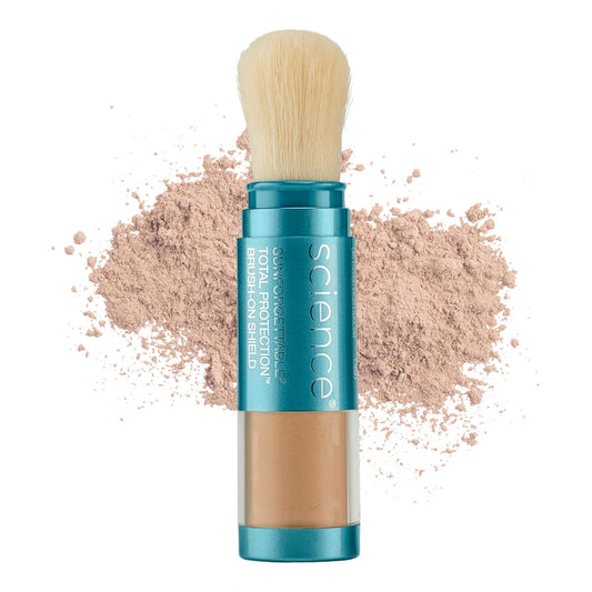 Colorescience front packaging showing compact brush and tan shade for easy protection