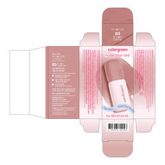 COLORGRAM packaging label close-up showing shade name and product information benefit