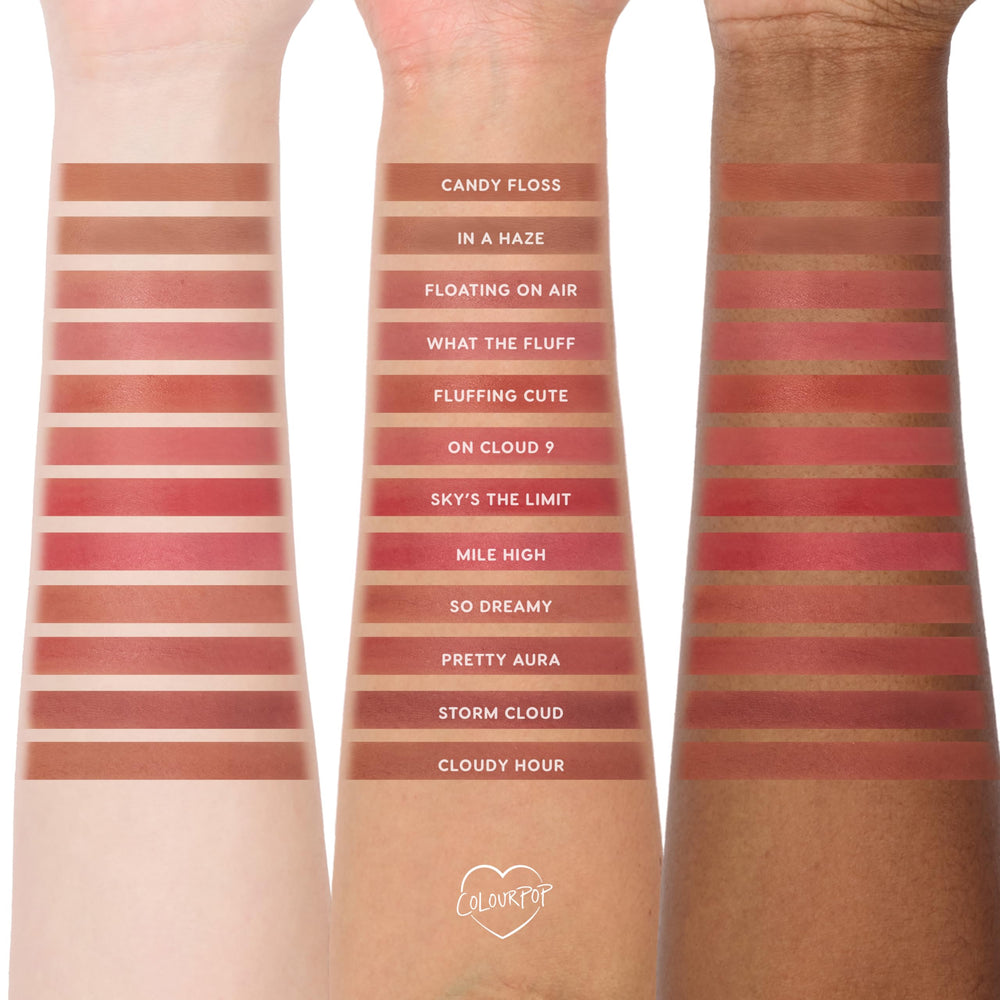 ColourPop on model lips showing Storm Cloud wearable color and blurred finish