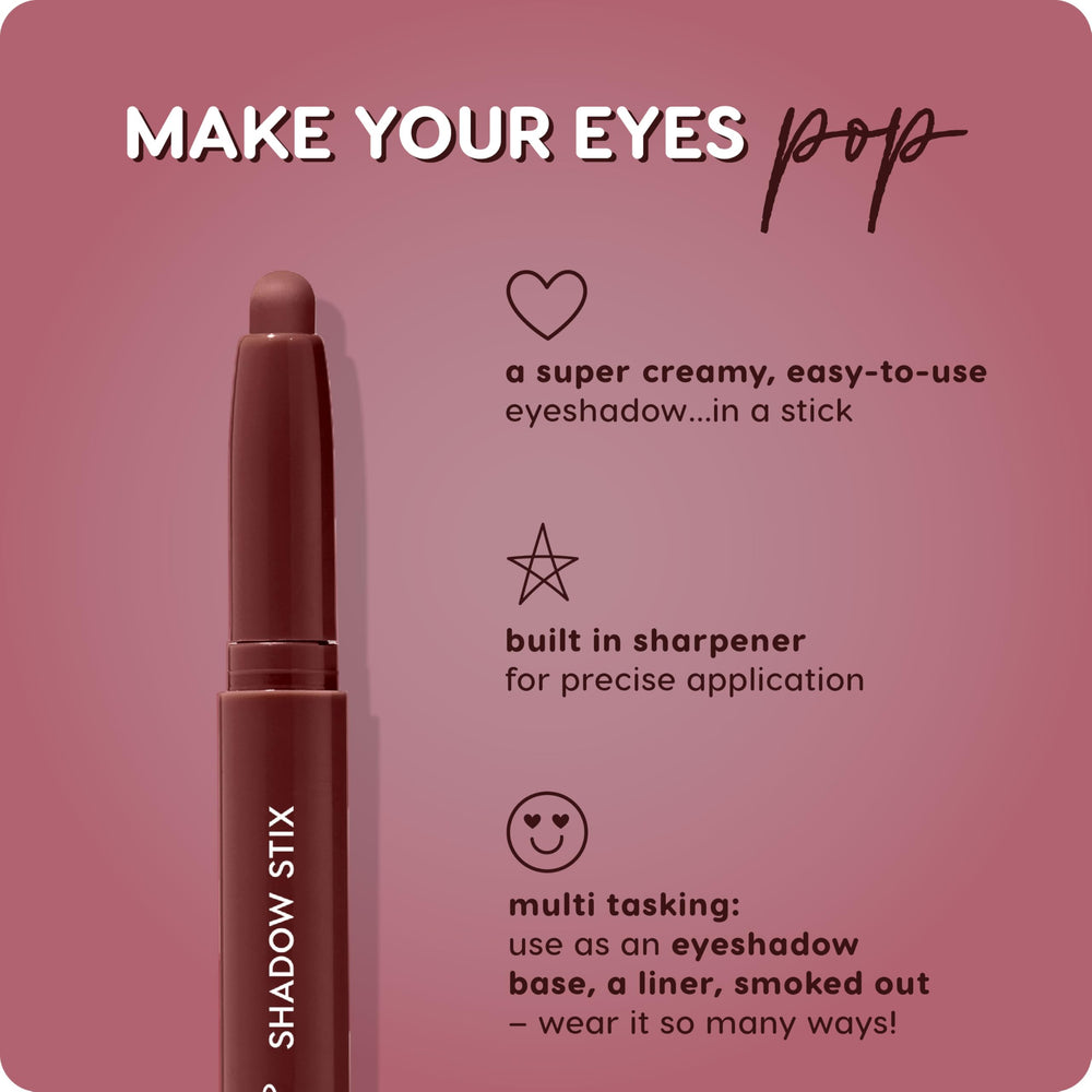 Model wearing ColourPop Shadow Stix Plum Tart to demonstrate wearable plum tone