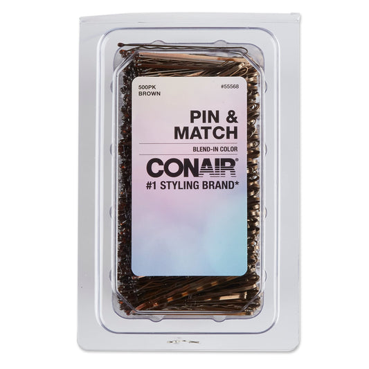 Conair brown bobby pins front packaging showing 500 count and tub benefit