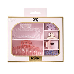 Conair Scunci front view of six pastel claw clips showing variety and convenience