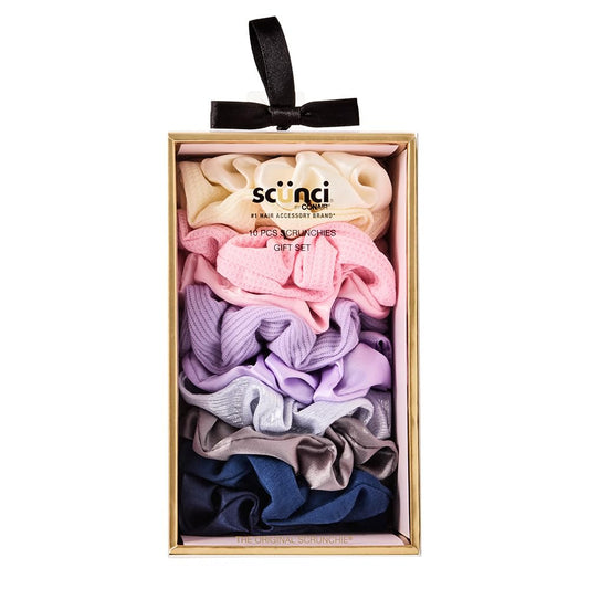 Conair Scunci front packaging showing 10 scrunchies and storage box, organized