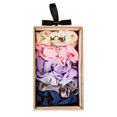 Conair Scunci front packaging showing 10 scrunchies and storage box, organized