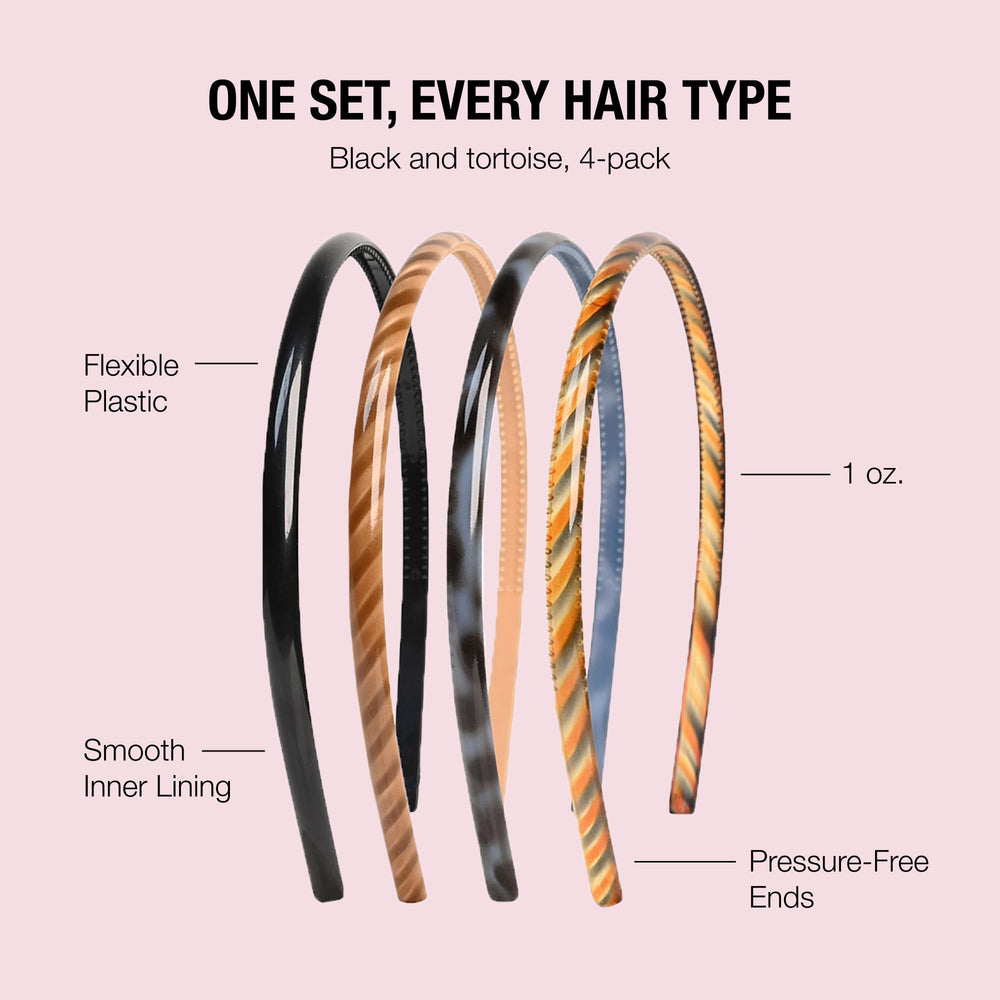 Conair Scünci four headbands flat lay showing color variety and portability