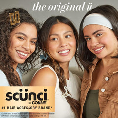 Conair Scunci scrunchie in a high ponytail during workout, secure hold without creases