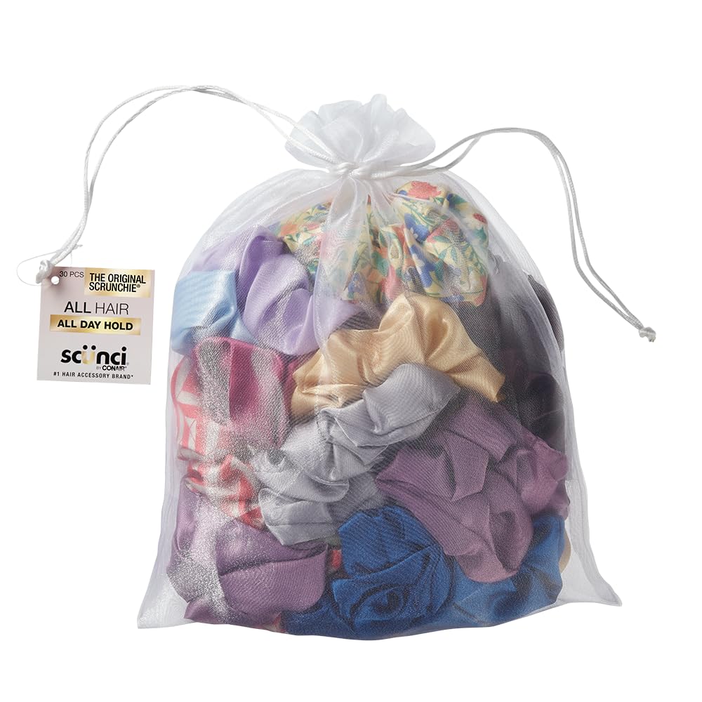 Conair Scunci assorted scrunchies pack front showing colors and mesh bag, gentle hold benefit