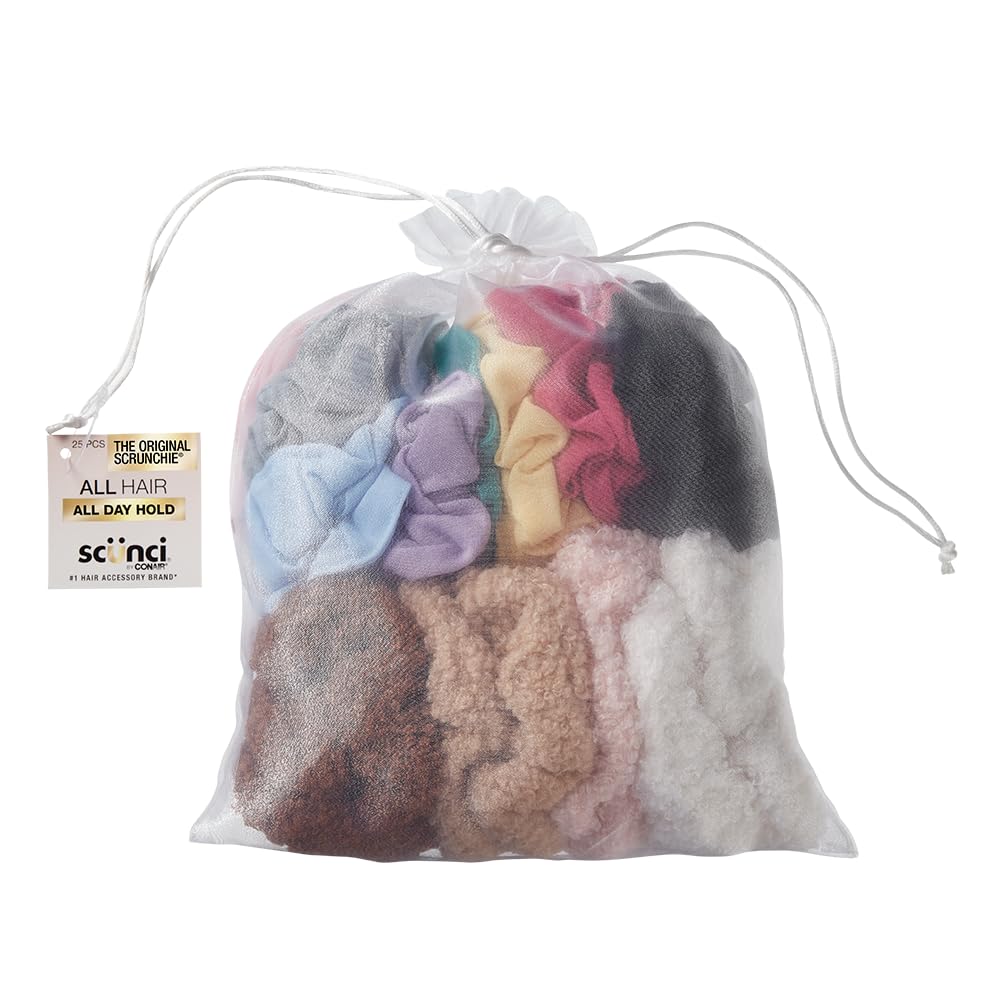 Conair scünci assorted scrunchies in mesh bag showing organized travel-ready set and easy storage benefit