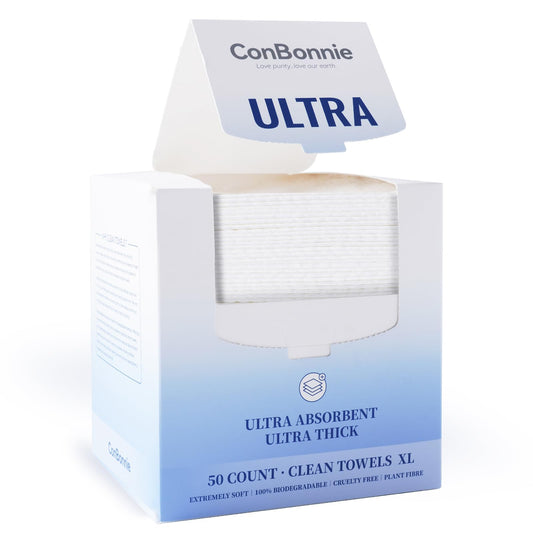 Conbonnie front packaging showing 50-count XL towels and benefits