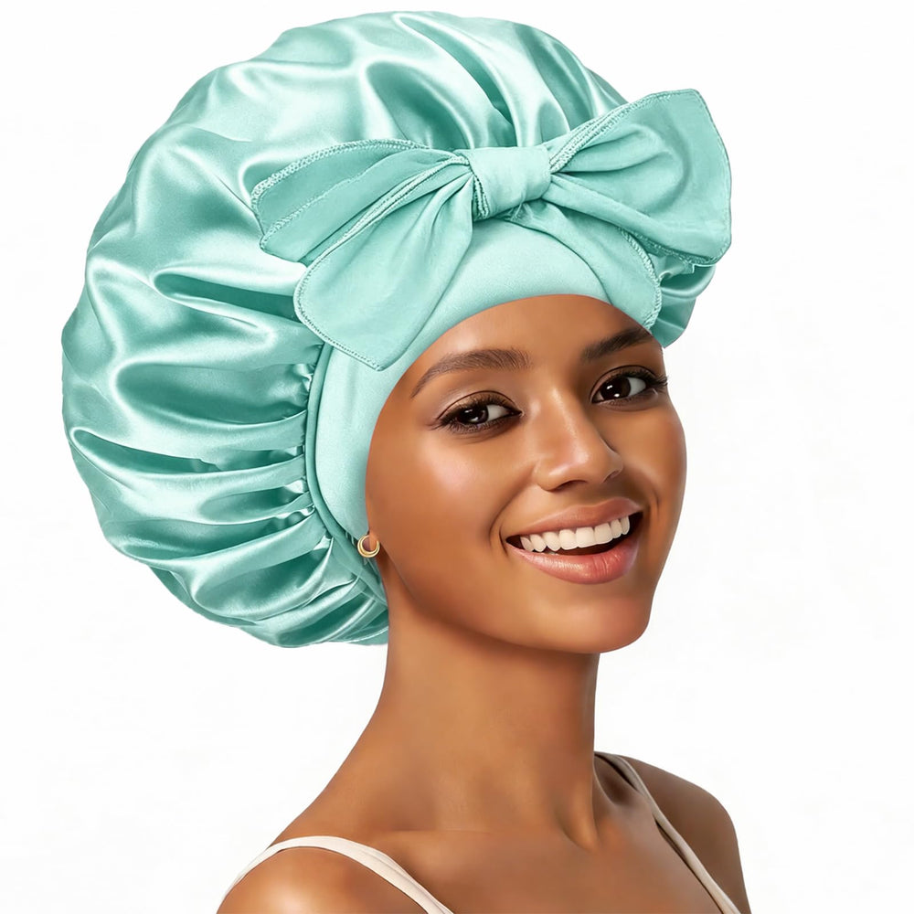 Confvrter bonnet front view showing smooth satin and roomy fit benefits hair protection