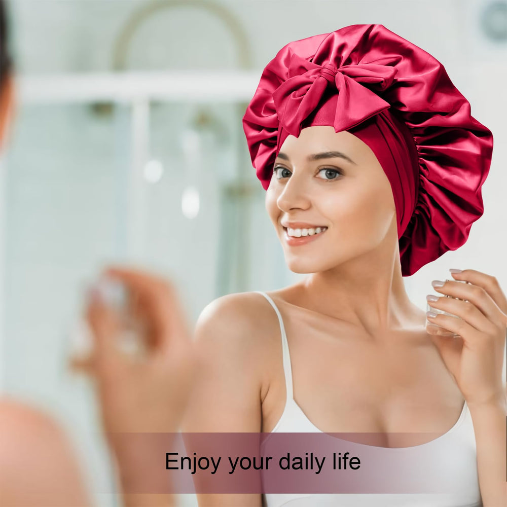 Confvrter bonnet on curly hair illustrating roomy interior protecting curls