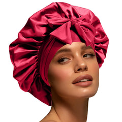 Confvrter front view of red bonnet showing full shape and secure fit benefit