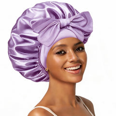 Confvrter bonnet front view showing roomy fit and purple color, preserves hairstyles