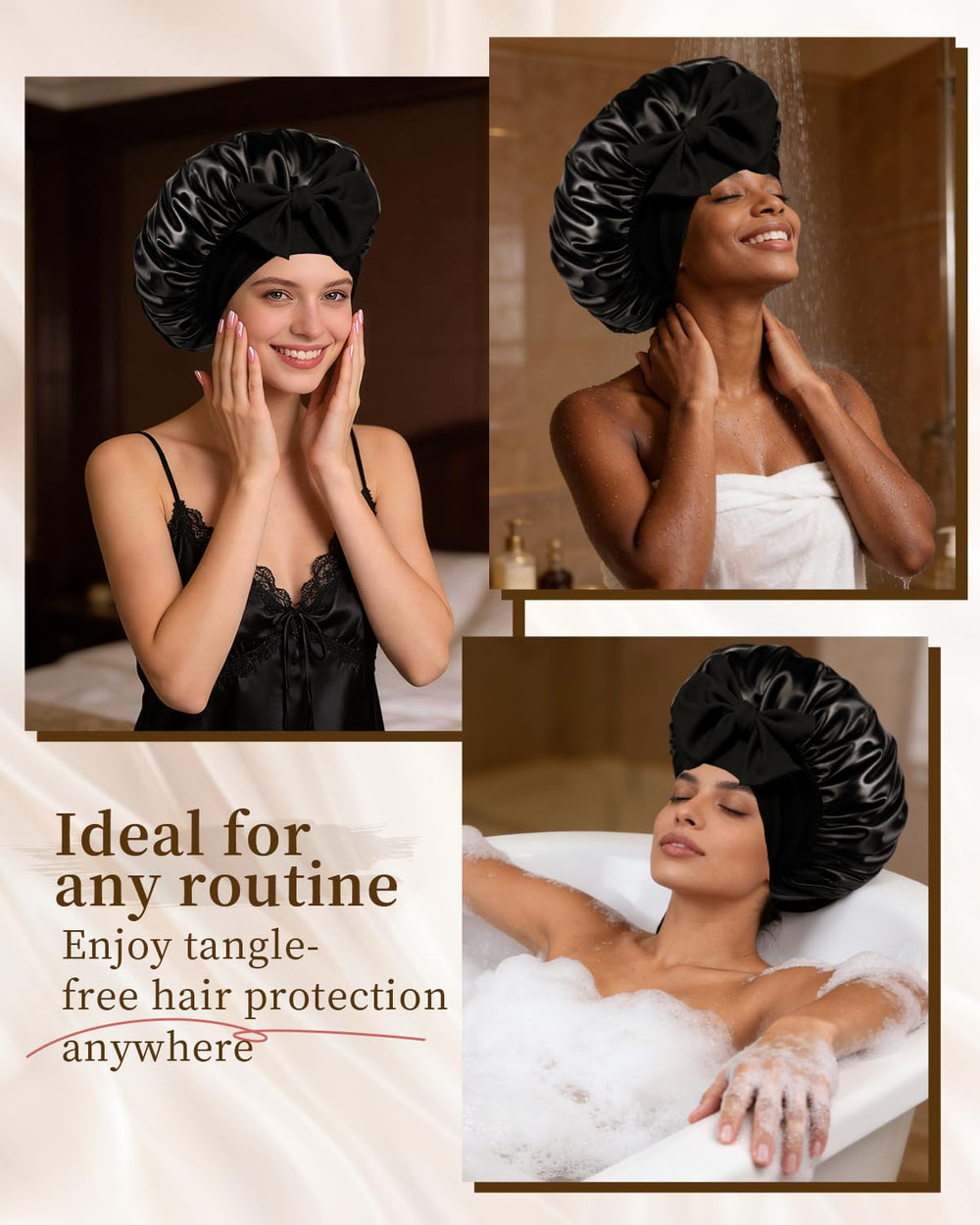 Confvrter bonnet in use on curly hair while sleeping, keeps curls intact