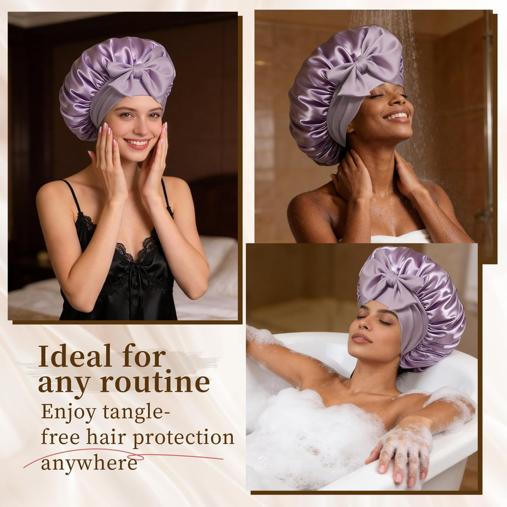 Confvrter model wearing bonnet in bed showing protection of curls overnight