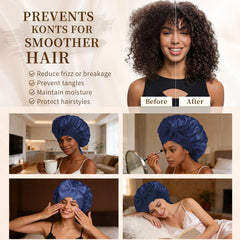 Confvrter woman sleeping in bonnet preserving curls and preventing tangles
