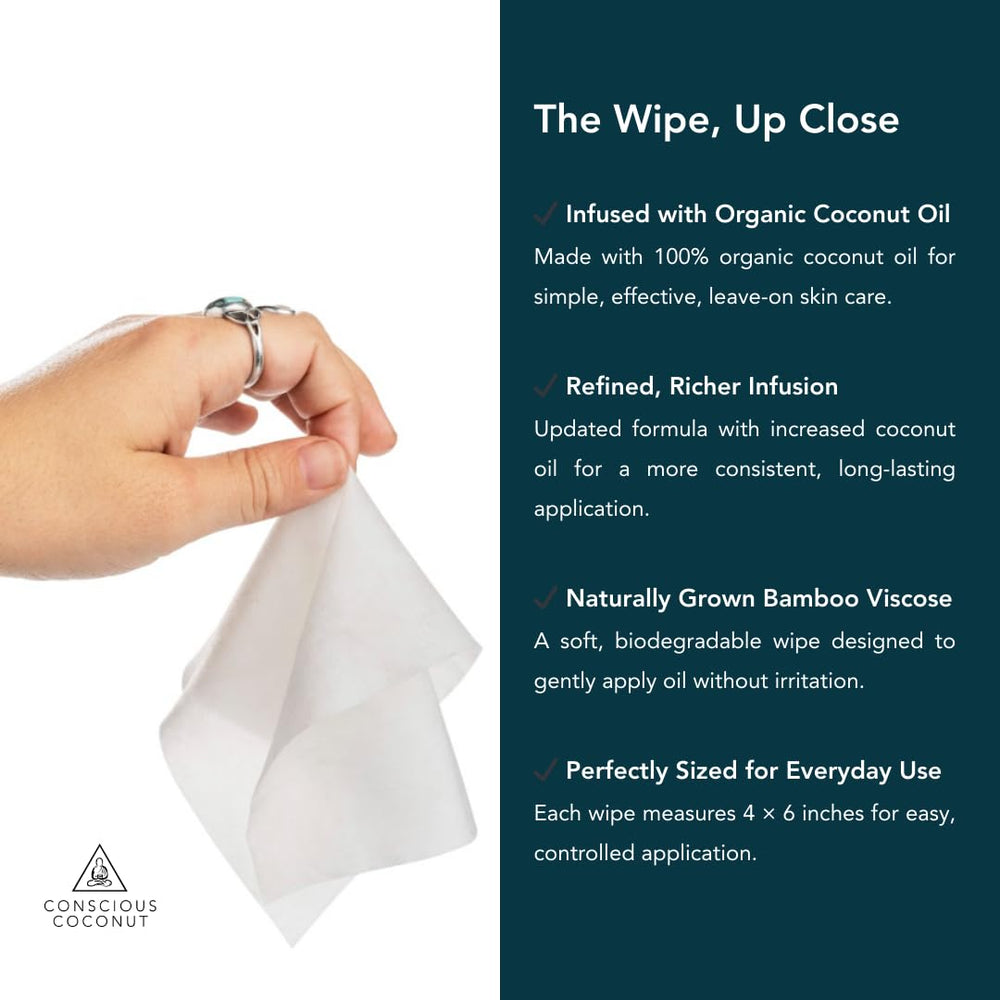 Conscious Coconut wipe being applied to hands showing quick comfort