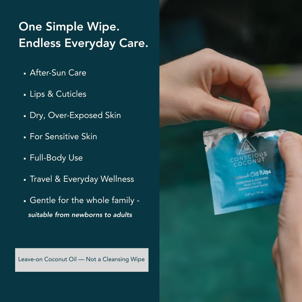 Conscious Coconut open packet displaying saturated wipe for easy application