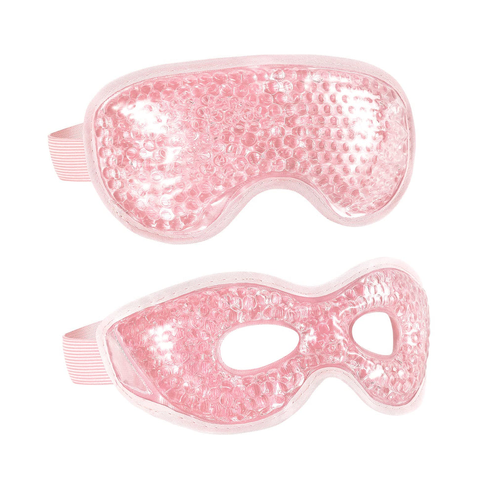 CONSGIJI front view of two pink gel eye masks in original packaging showing product benefit of ready cooling