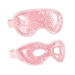 CONSGIJI front view of two pink gel eye masks in original packaging showing product benefit of ready cooling