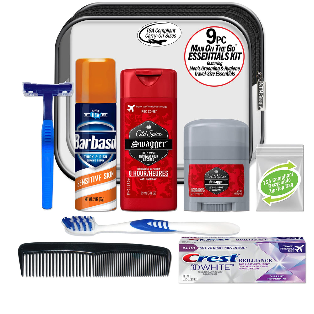 Convenience Kits International open pouch displaying all nine TSA-compliant items for fast packing