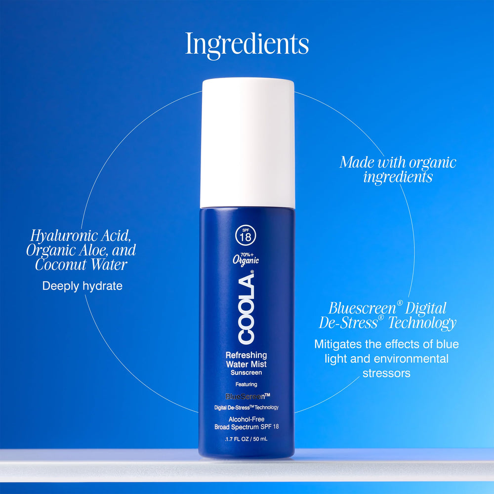 COOLA mist spraying on face for quick hydration and protection benefit