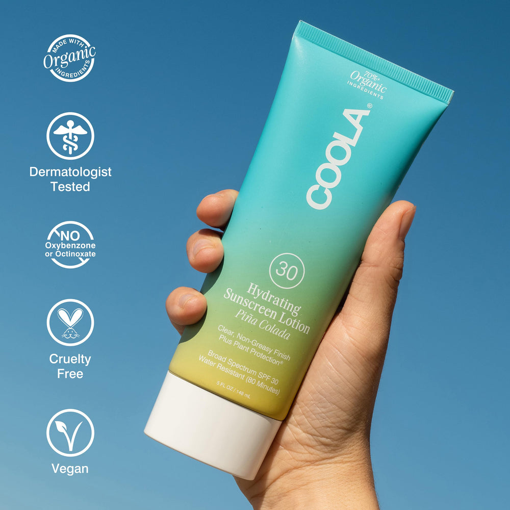 COOLA ingredient label close-up highlighting antioxidant and reef-friendly benefits