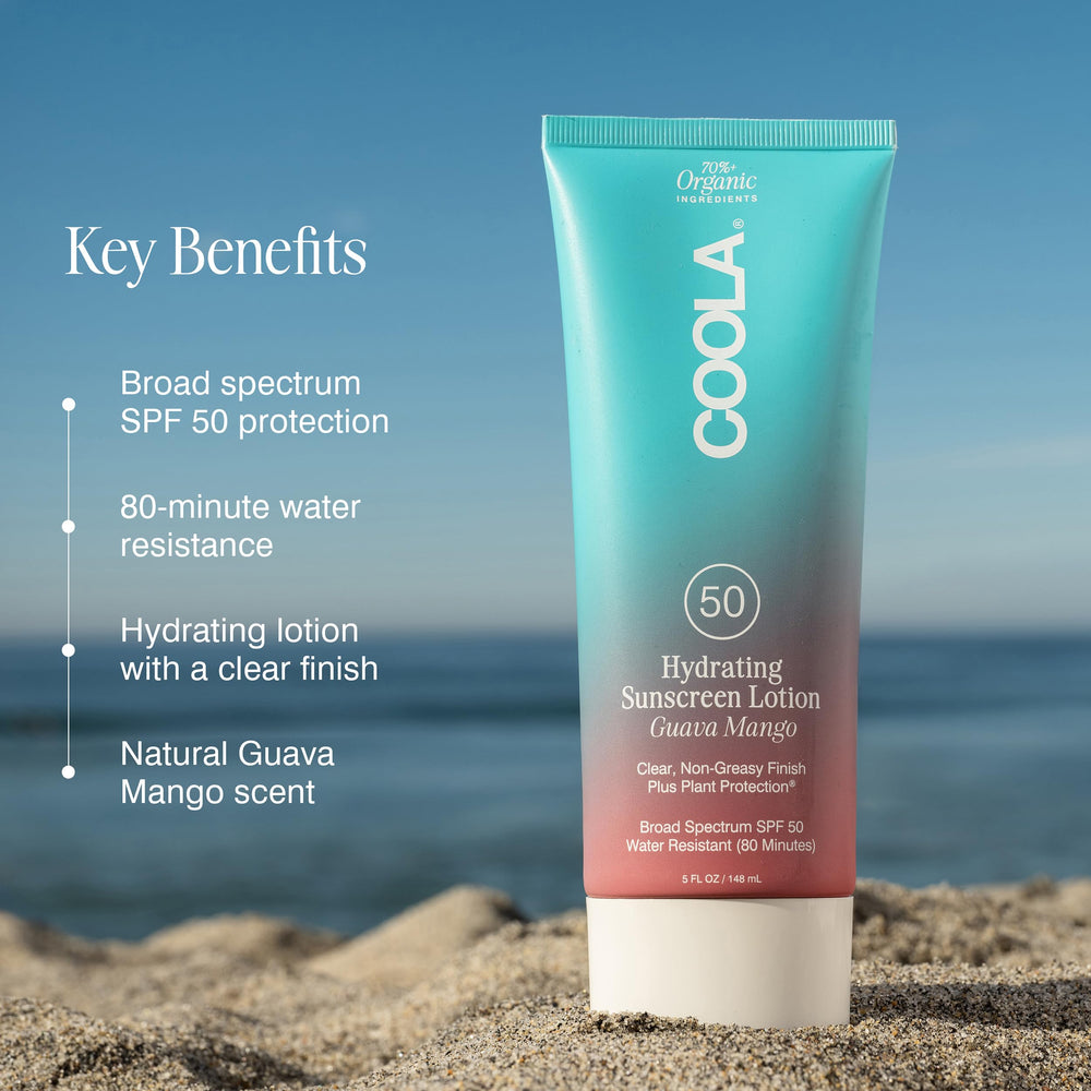 COOLA pump and label detail highlighting easy-dispense benefit