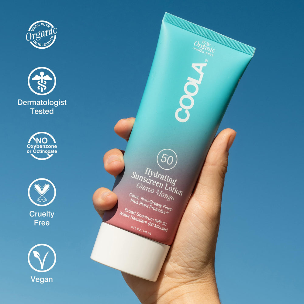 COOLA 5 fl oz next to sunglasses illustrating portable travel-friendly benefit