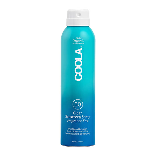 COOLA front packaging showing SPF 50 and clear spray benefits