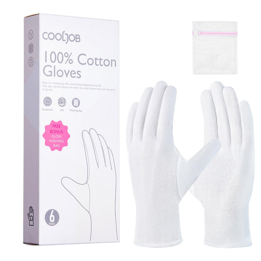 COOLJOB white gloves front pack showing six pairs and size S for convenience