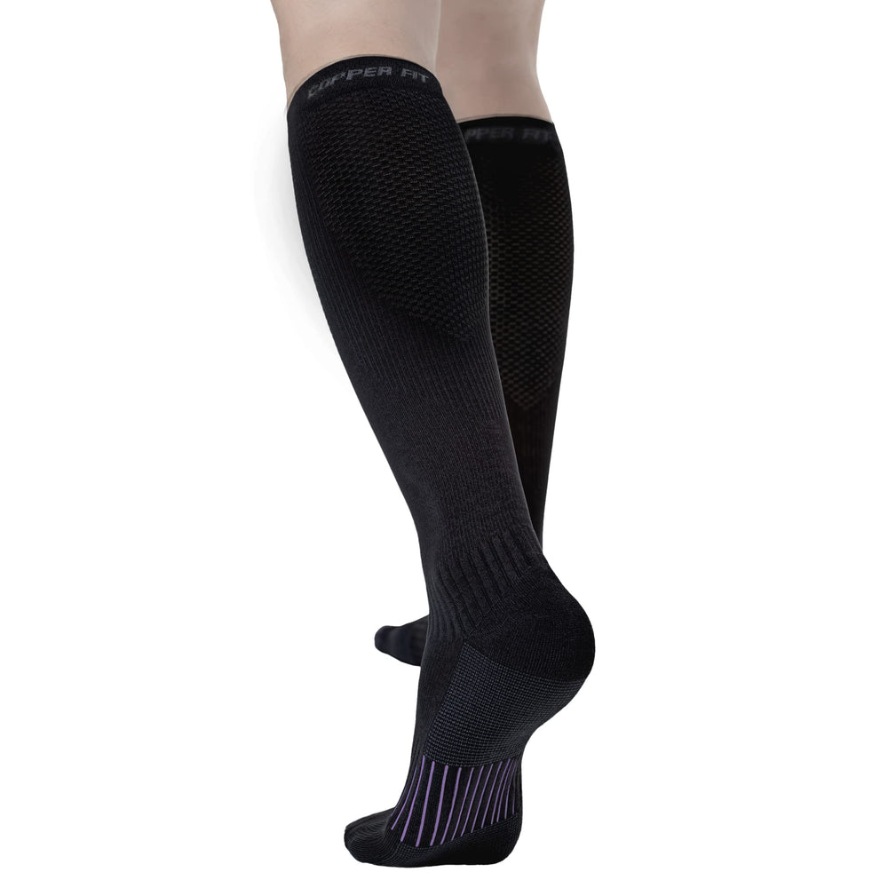 Copper Fit front packaging showing black knee-high socks and benefits
