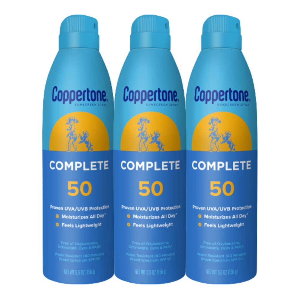 Coppertone Complete front packaging showing three 5.5 oz bottles and SPF 50 protection