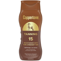 Coppertone front label close-up showing SPF 15 and bottle design for easy identification and use