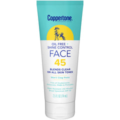 Coppertone front tube showing SPF 45 and oil free benefit