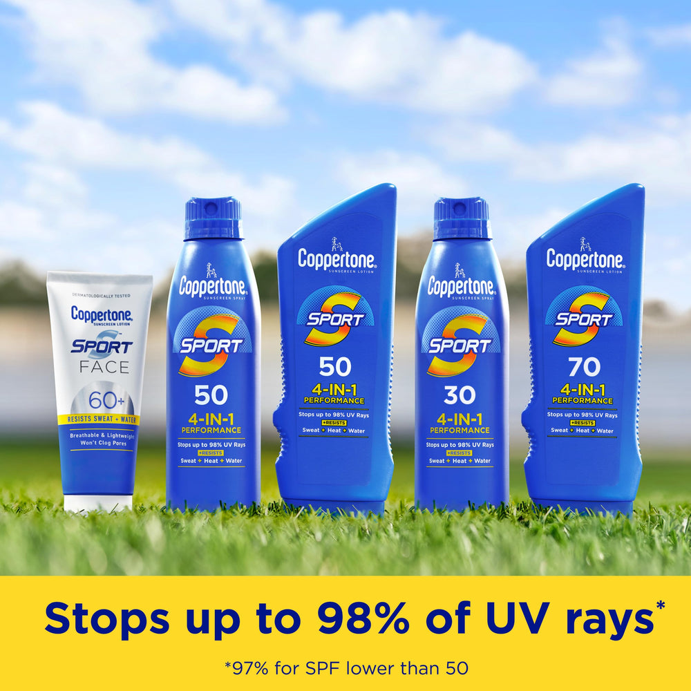 Coppertone sport in active beach scene protecting skin during outdoor exercise