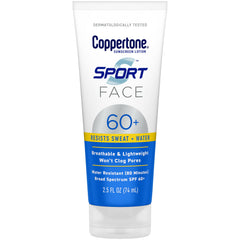 Coppertone sport face front tube showing SPF 60+ protection benefit