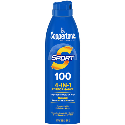 Coppertone SPORT front bottle view showing SPF 15 and water-resistant benefit