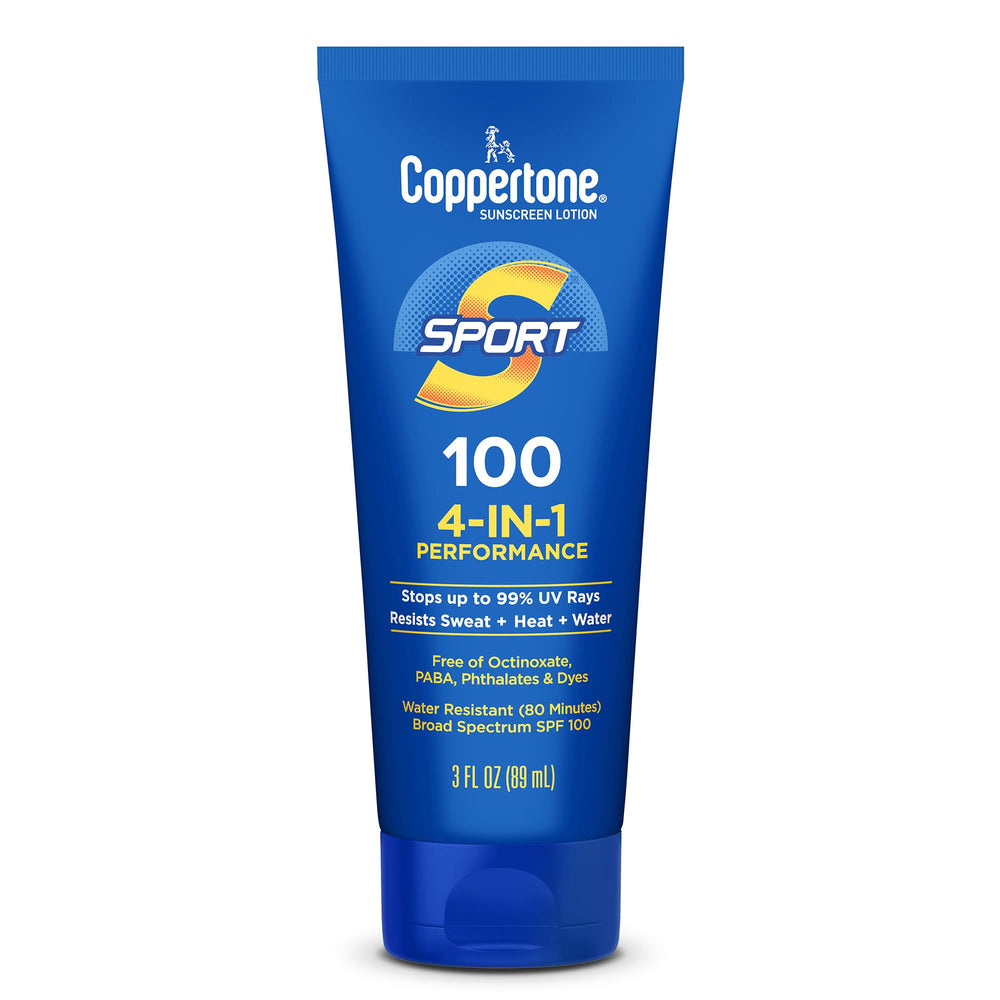 Coppertone SPORT front packaging showing SPF 100 and water resistant benefit