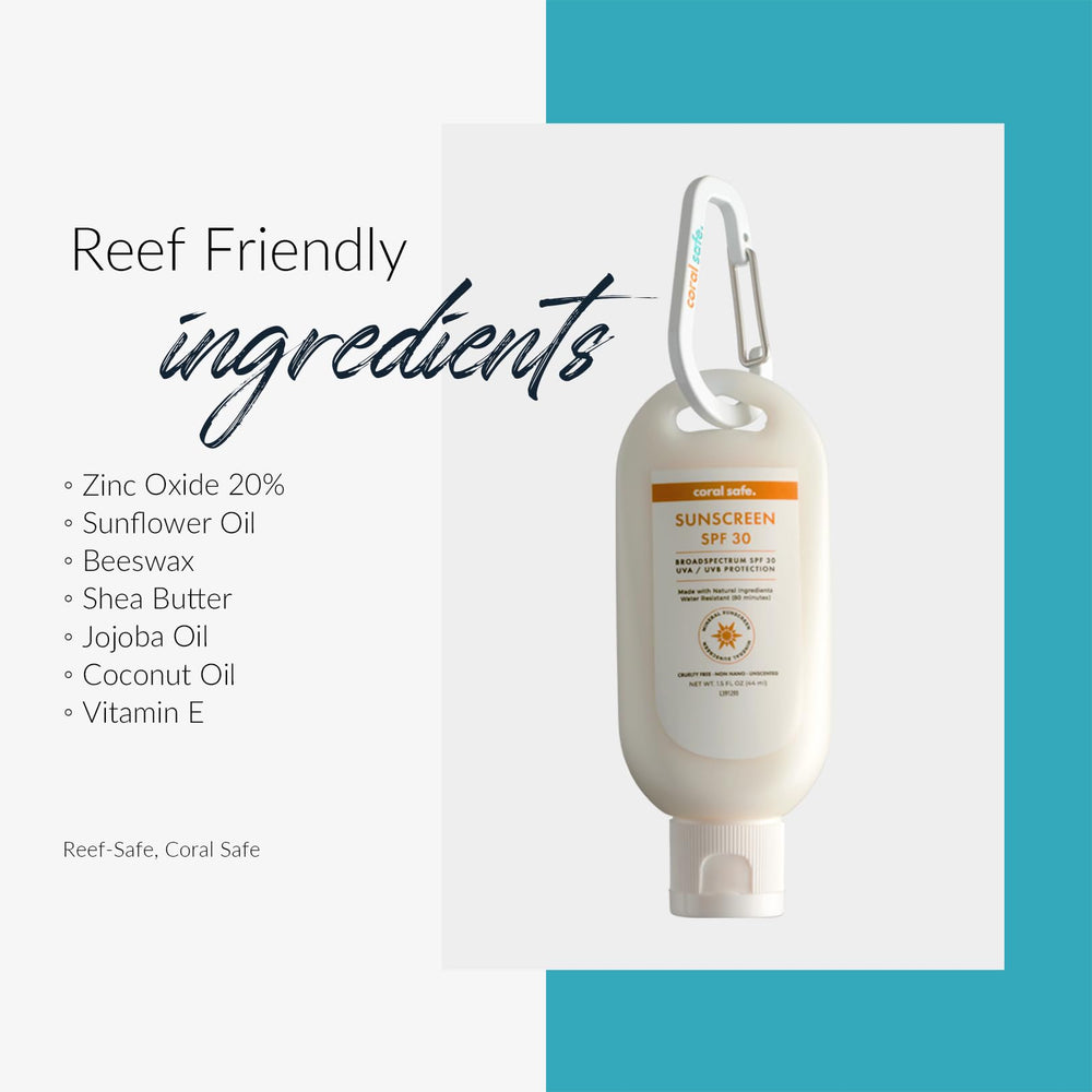 Coral Safe bottle on a sandy beach emphasizing reef-friendly use
