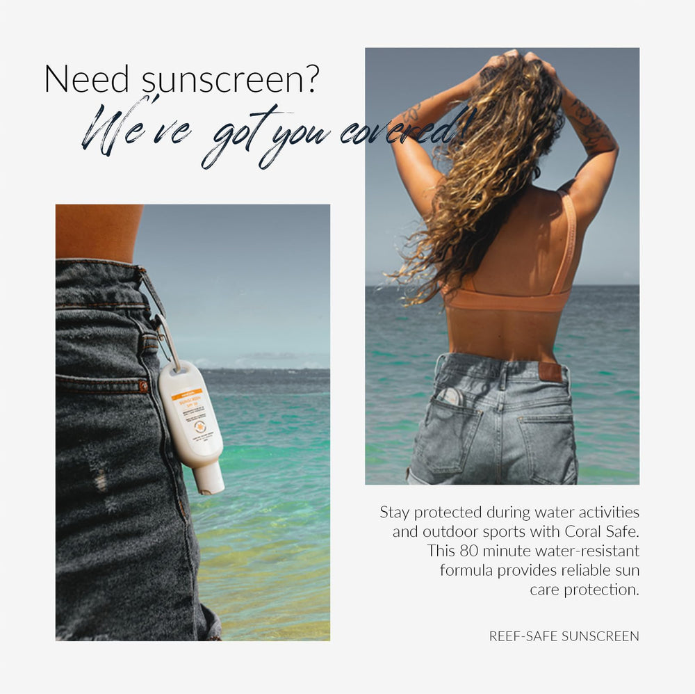Coral Safe next to sunscreen kit illustrating convenient travel packing